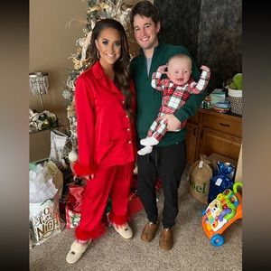 WORN ONCE. Buddy Love Feather Trim Silk Fancy Christmas Pajamas